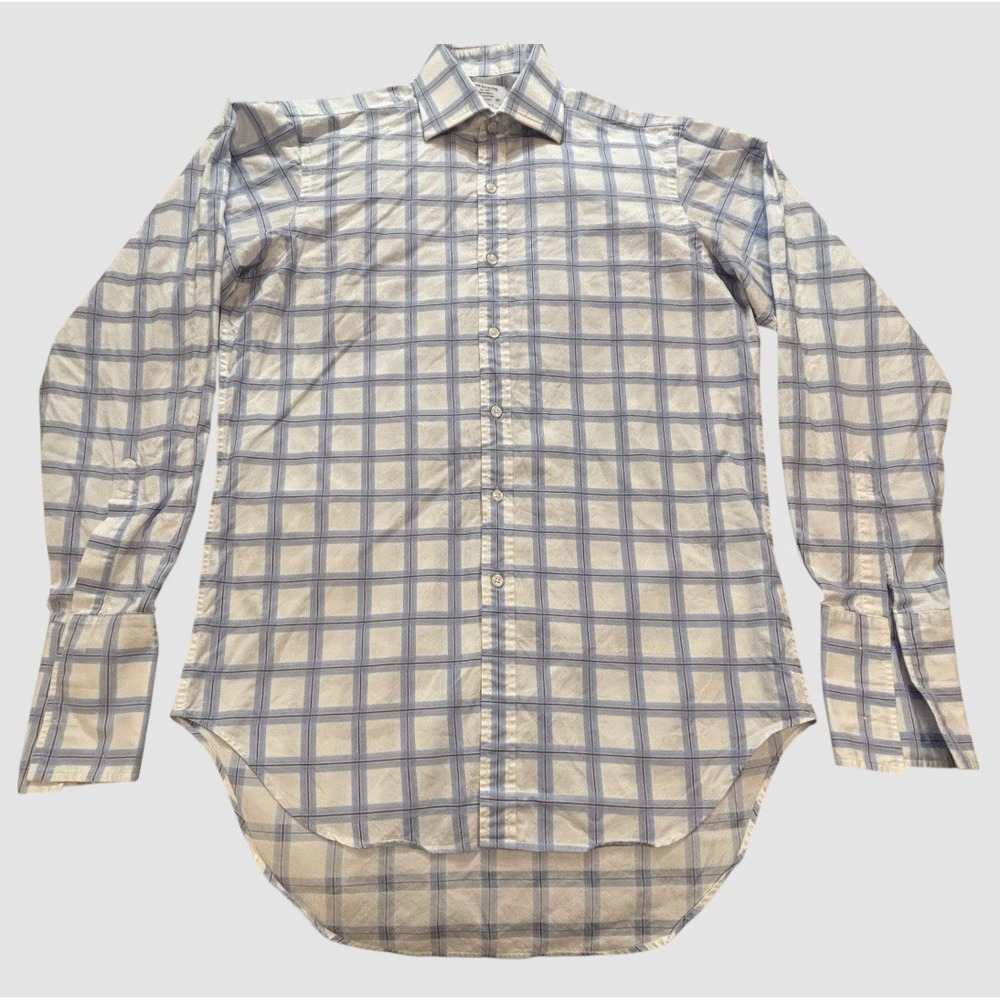 TM Lewin 15.5 36 Long Sleeve French Cuffs Button Up Shirt Windowpane Plaid